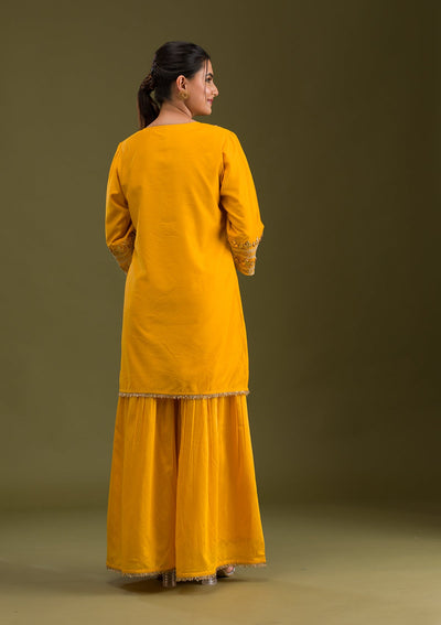 Mustard Zariwork Semi Crepe Readymade Salwar Suit-Koskii