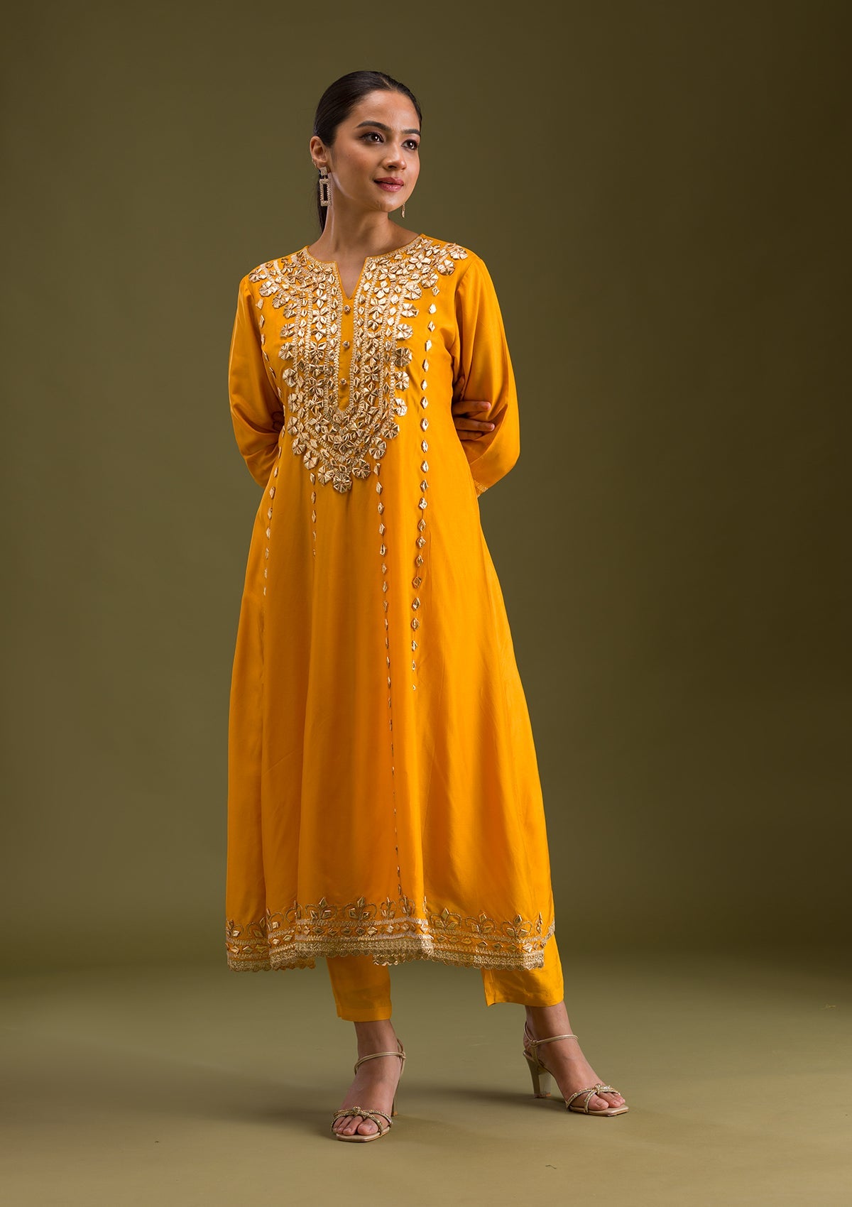 Mustard Zariwork Semi Crepe Readymade Salwar Suit-Koskii