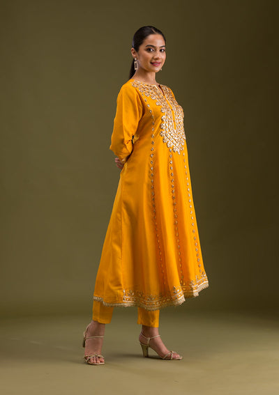 Mustard Zariwork Semi Crepe Readymade Salwar Suit-Koskii