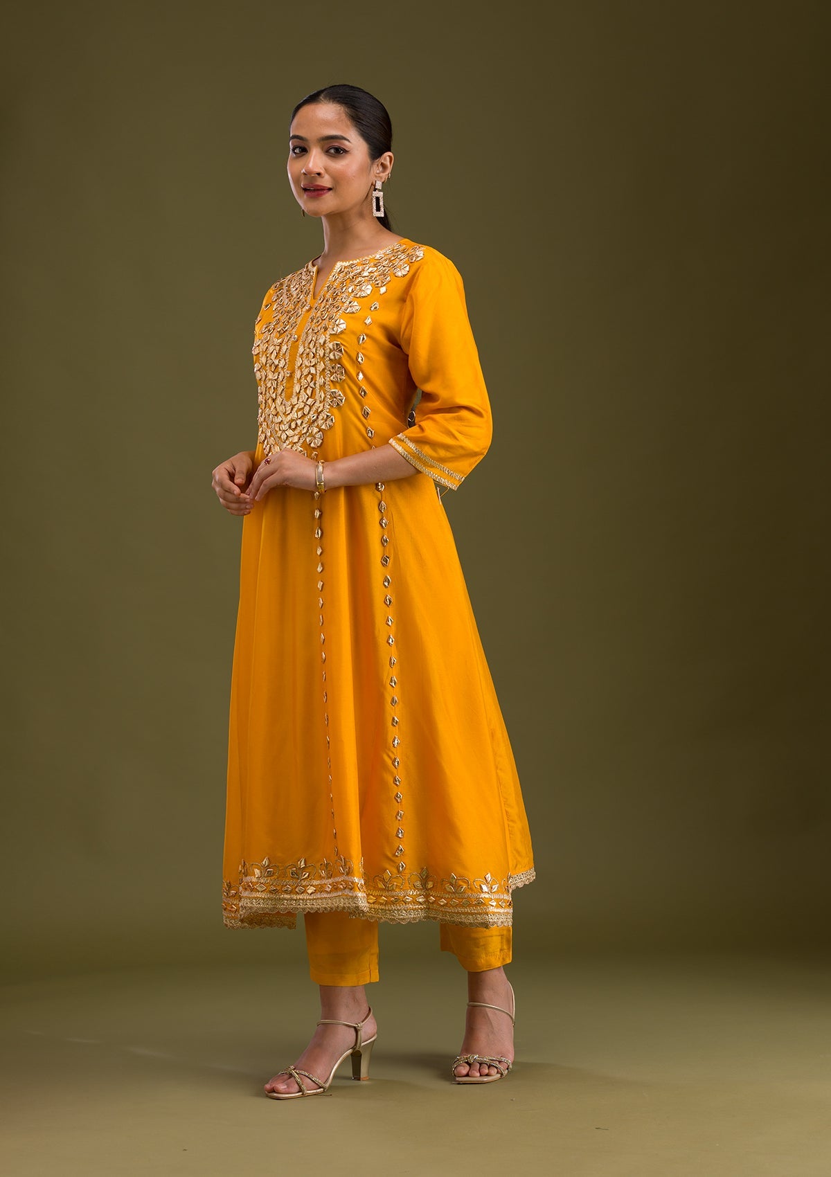 Mustard Zariwork Semi Crepe Readymade Salwar Suit-Koskii