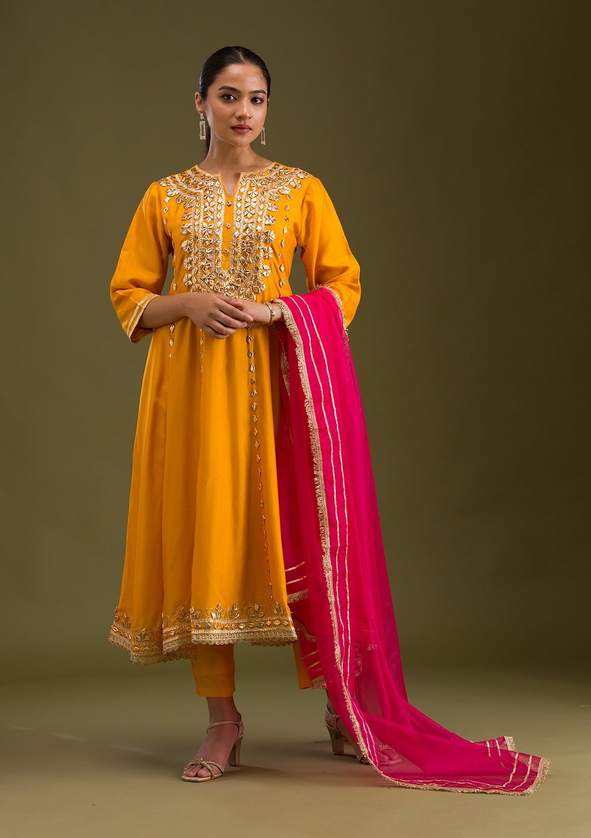 Mustard Zariwork Semi Crepe Readymade Salwar Suit-Koskii