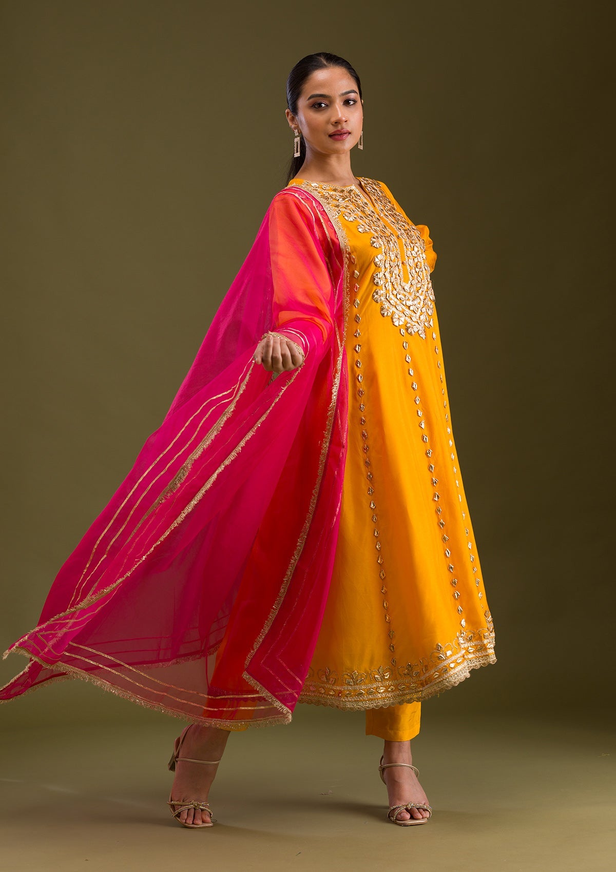 Mustard Zariwork Semi Crepe Readymade Salwar Suit-Koskii