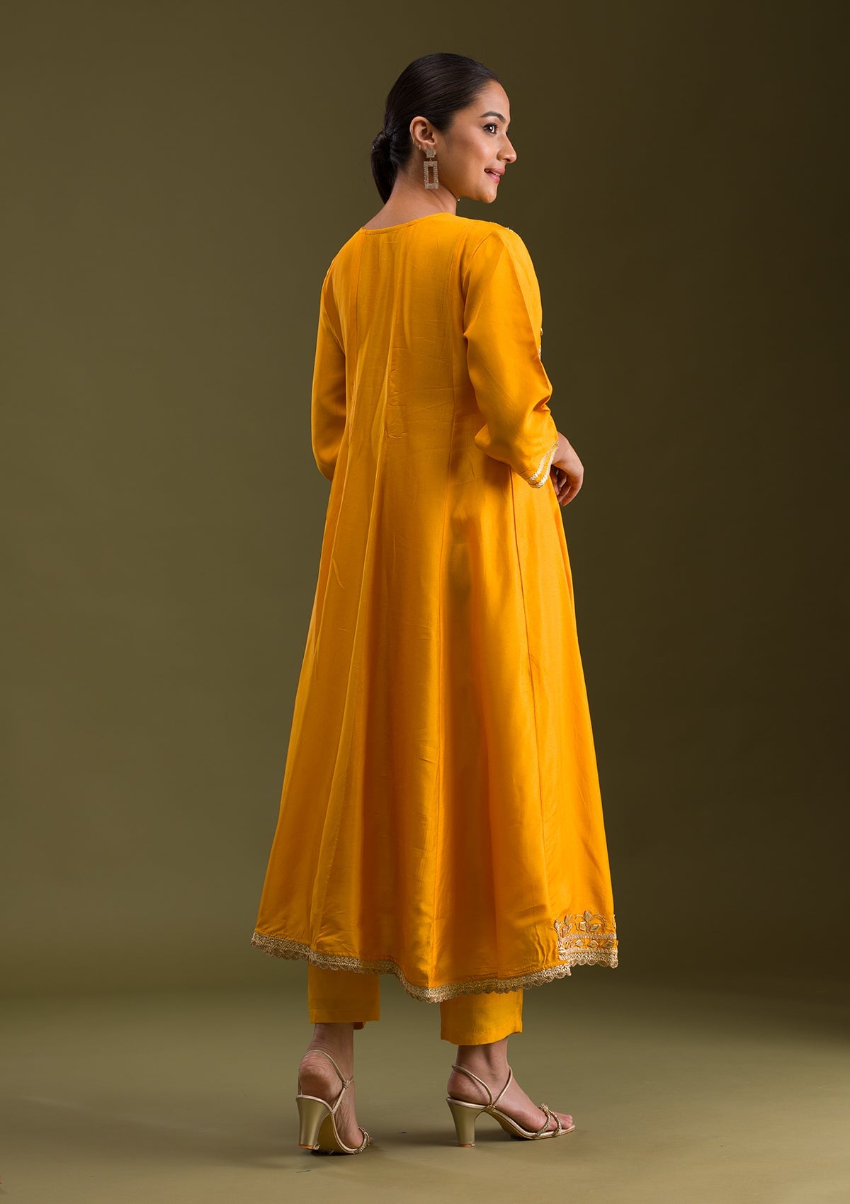 Mustard Zariwork Semi Crepe Readymade Salwar Suit-Koskii