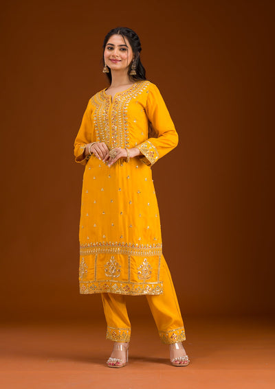 Mustard Zariwork Semi Crepe Readymade Salwar Suit-Koskii