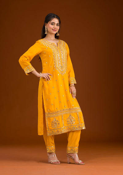 Mustard Zariwork Semi Crepe Readymade Salwar Suit