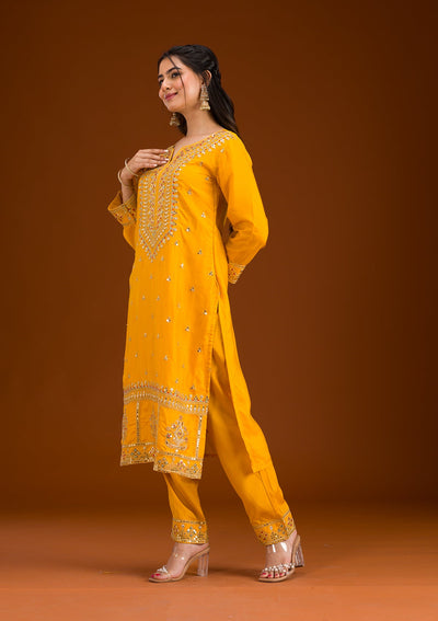 Mustard Zariwork Semi Crepe Readymade Salwar Suit