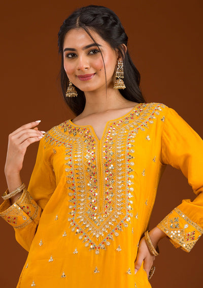 Mustard Zariwork Semi Crepe Readymade Salwar Suit-Koskii