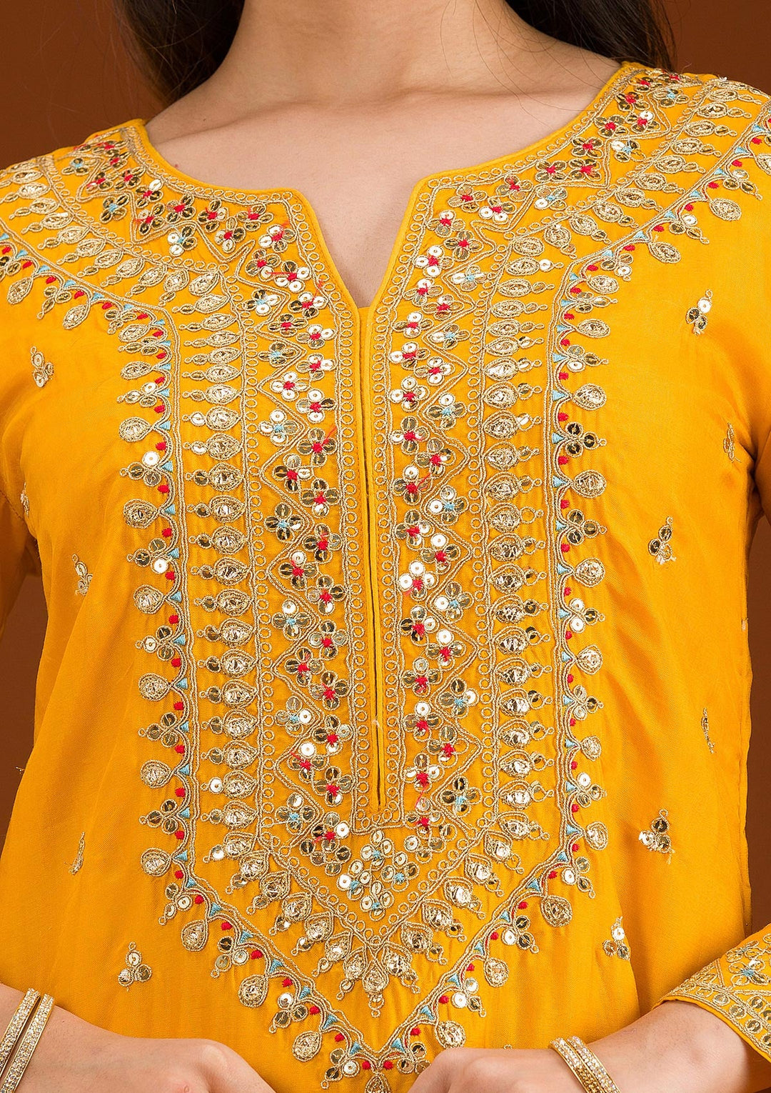 Mustard Zariwork Semi Crepe Readymade Salwar Suit