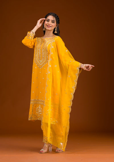 Mustard Zariwork Semi Crepe Readymade Salwar Suit