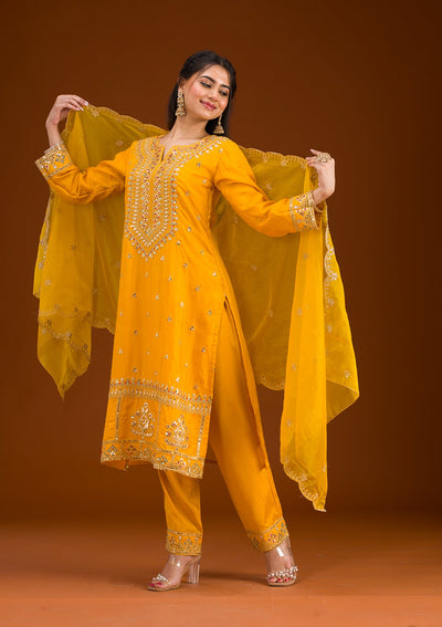 Mustard Zariwork Semi Crepe Readymade Salwar Suit-Koskii