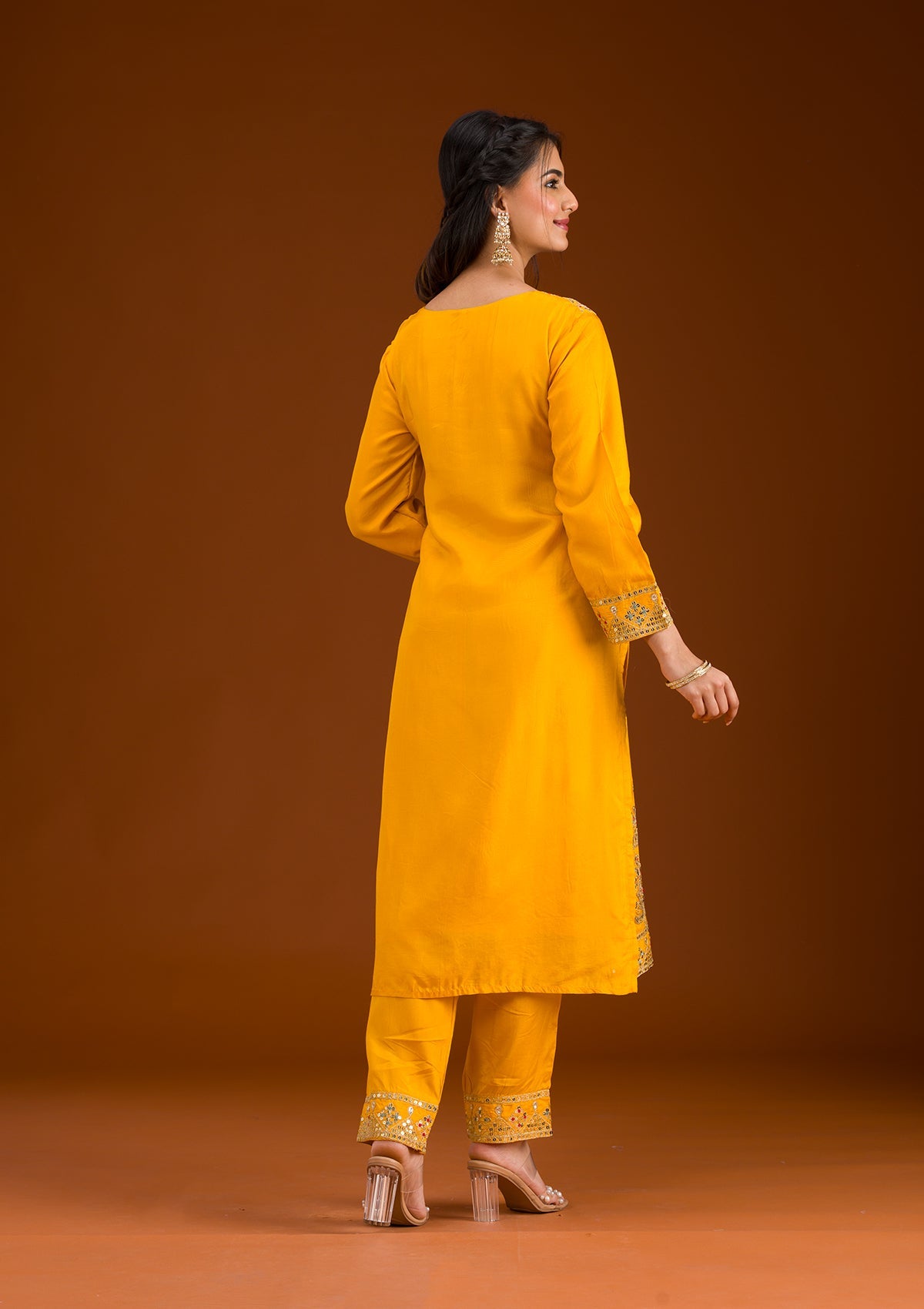 Mustard Zariwork Semi Crepe Readymade Salwar Suit-Koskii