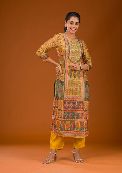 Mustard Zariwork Semi Crepe Readymade Salwar Suit-Koskii