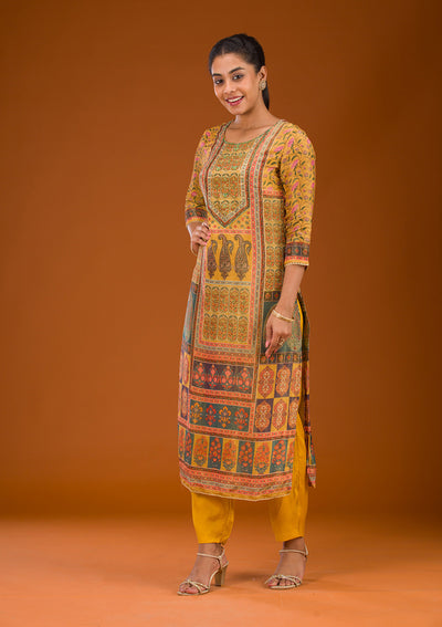 Mustard Zariwork Semi Crepe Readymade Salwar Suit