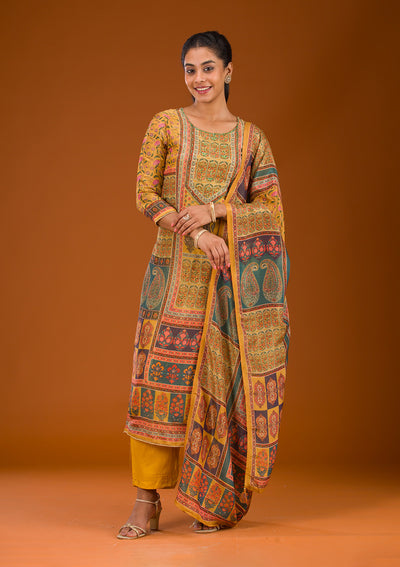 Mustard Zariwork Semi Crepe Readymade Salwar Suit