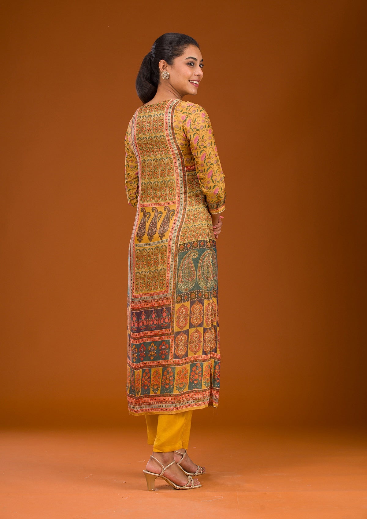 Mustard Zariwork Semi Crepe Readymade Salwar Suit-Koskii