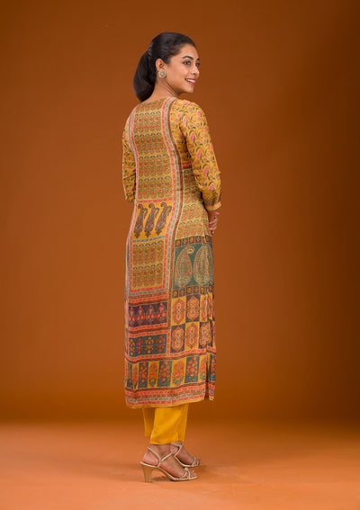 Mustard Zariwork Semi Crepe Readymade Salwar Suit-Koskii