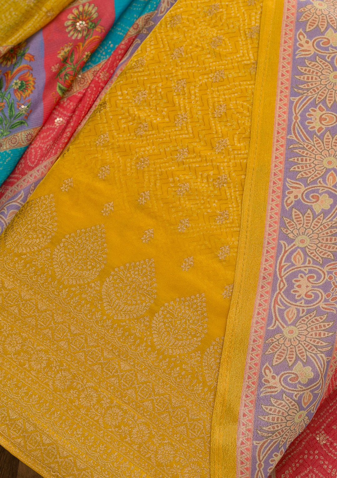 Mustard Zariwork Semi Crepe Unstitched Salwar Kameez-Koskii