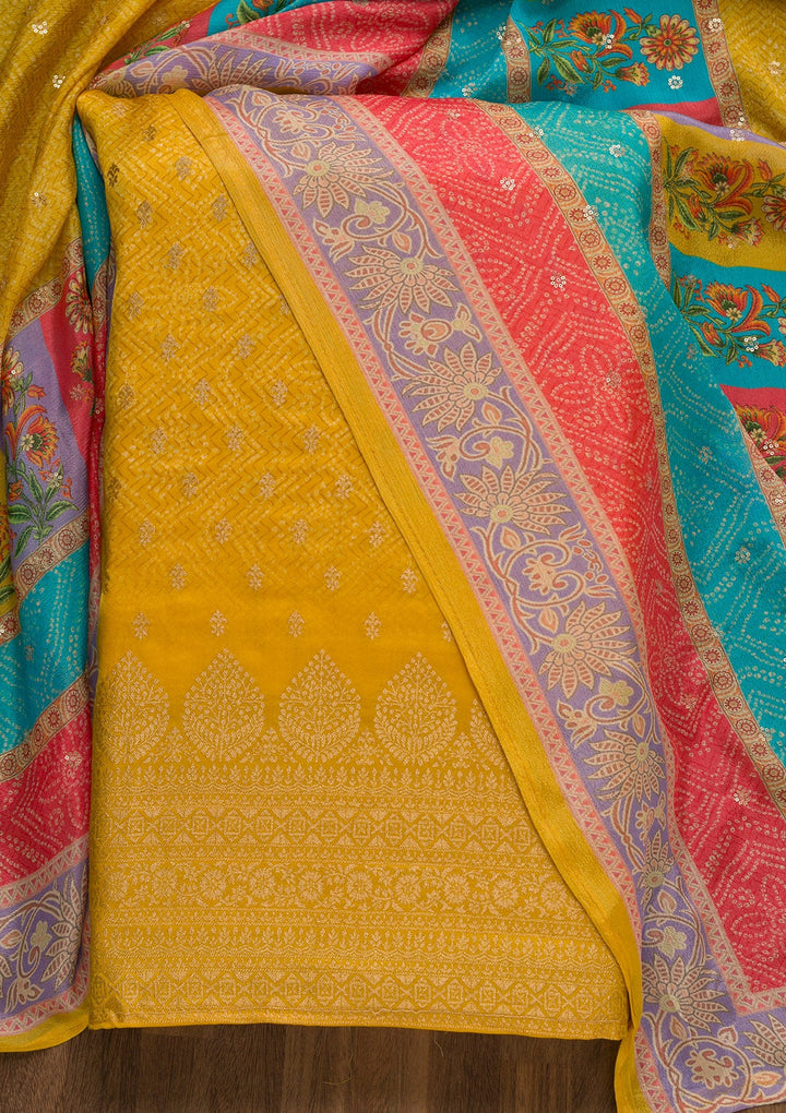 Mustard Zariwork Semi Crepe Unstitched Salwar Kameez-Koskii
