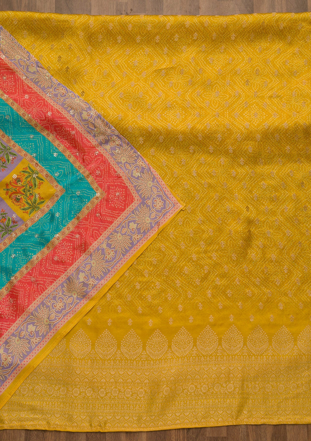 Mustard Zariwork Semi Crepe Unstitched Salwar Kameez-Koskii