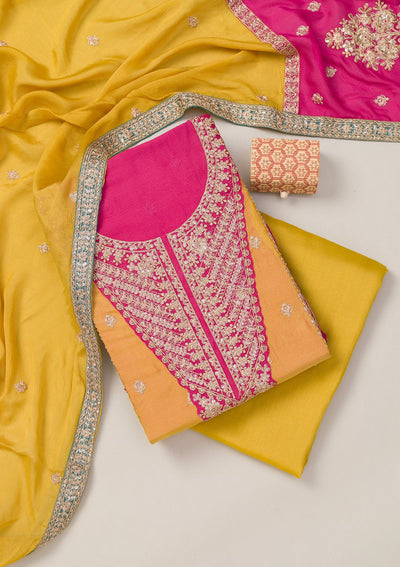 Mustard Zariwork Semi Crepe Unstitched Salwar Suit-Koskii