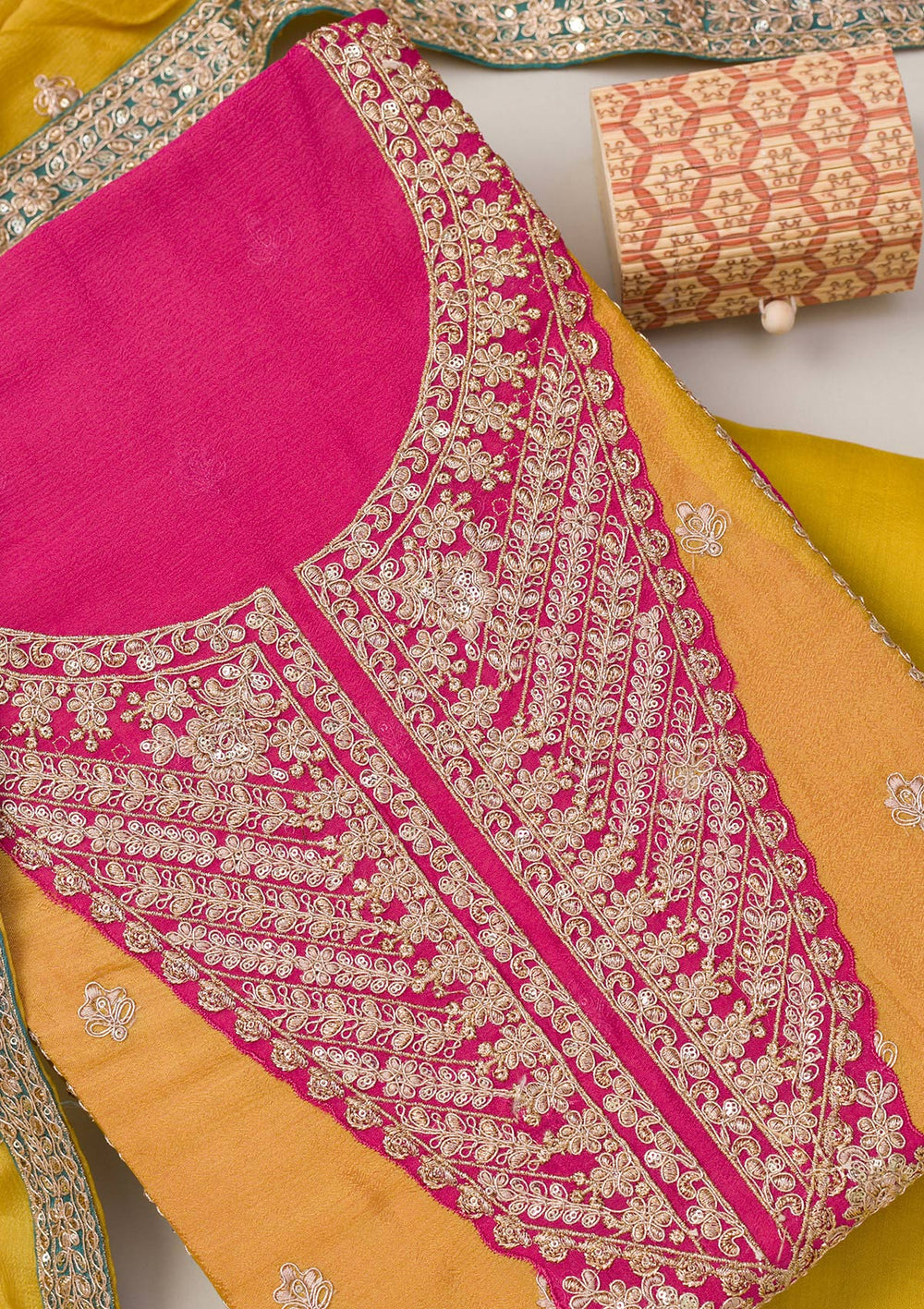 Mustard Zariwork Semi Crepe Unstitched Salwar Suit-Koskii