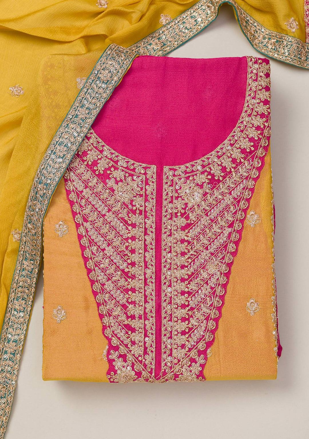 Mustard Zariwork Semi Crepe Unstitched Salwar Suit-Koskii