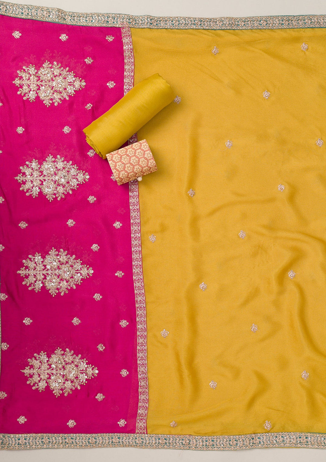 Mustard Zariwork Semi Crepe Unstitched Salwar Suit-Koskii