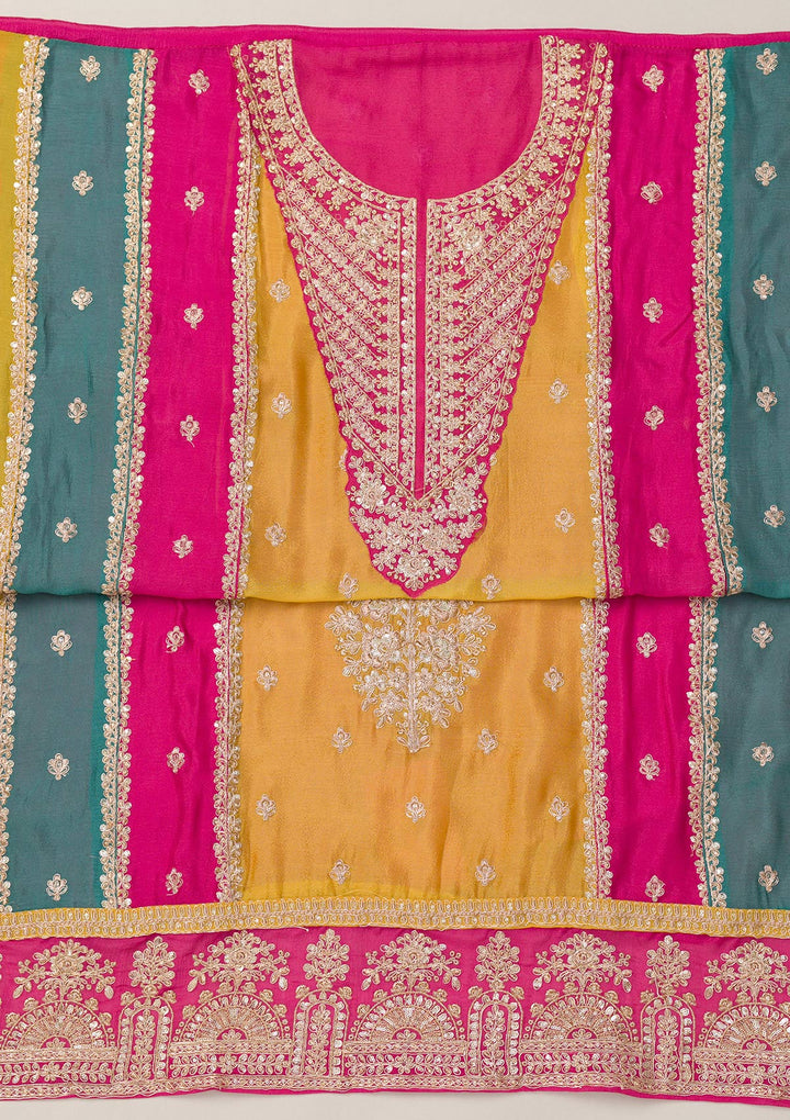 Mustard Zariwork Semi Crepe Unstitched Salwar Suit-Koskii