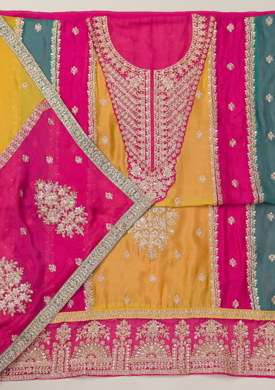 Mustard Zariwork Semi Crepe Unstitched Salwar Suit-Koskii