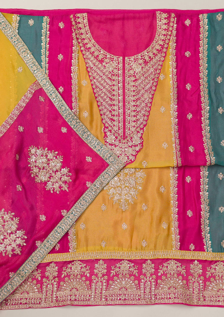 Mustard Zariwork Semi Crepe Unstitched Salwar Suit-Koskii