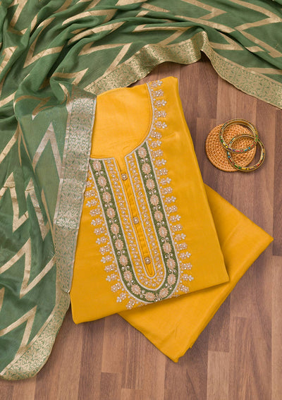 Mustard Zariwork Semi Crepe Unstitched Salwar Suit-Koskii