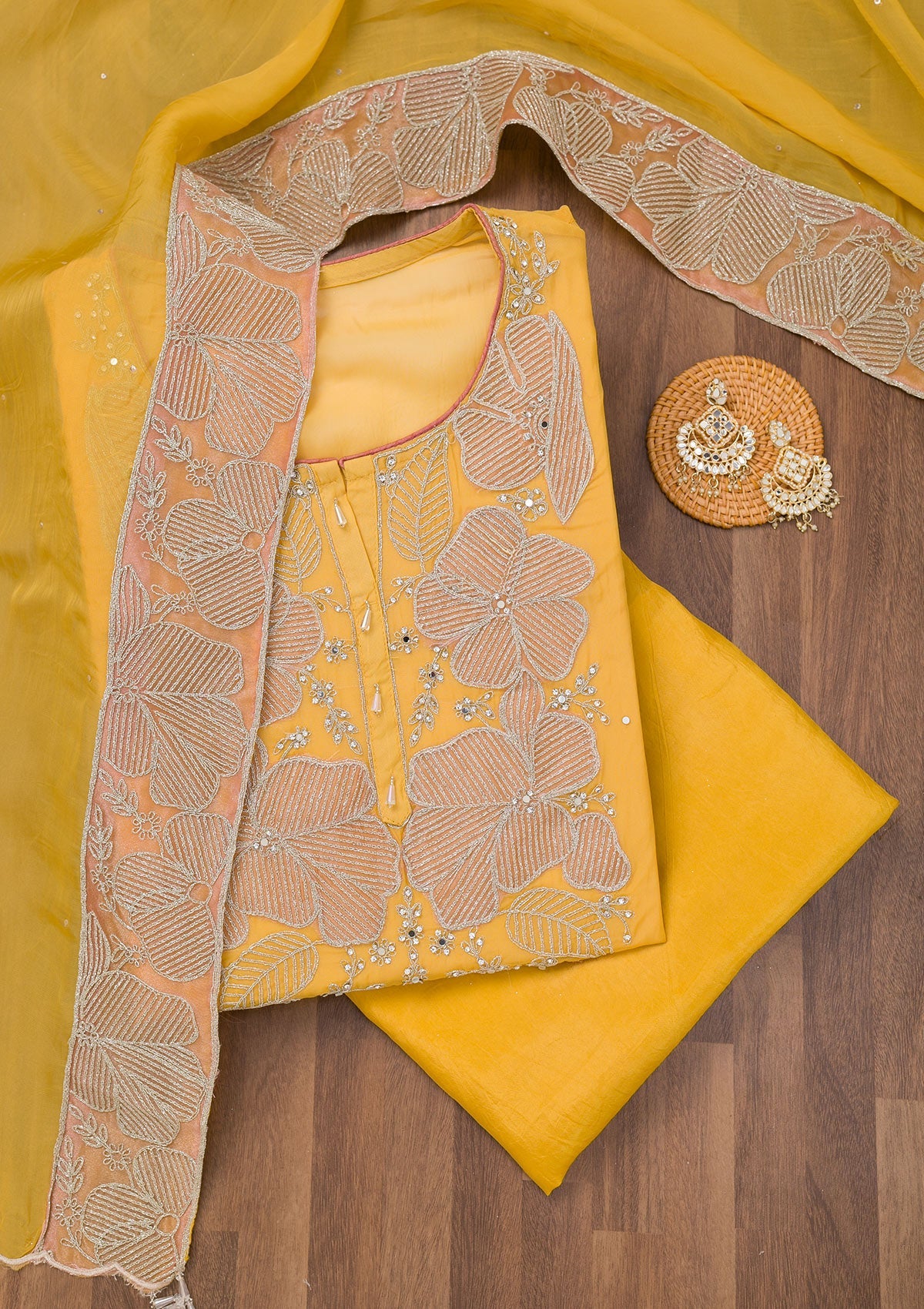 Mustard Zariwork Semi Crepe Unstitched Salwar Suit-Koskii