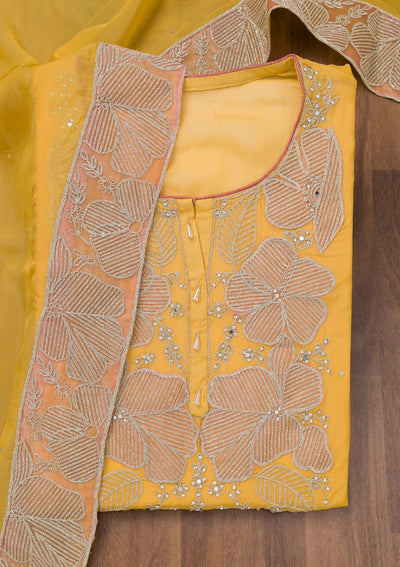 Mustard Zariwork Semi Crepe Unstitched Salwar Suit-Koskii