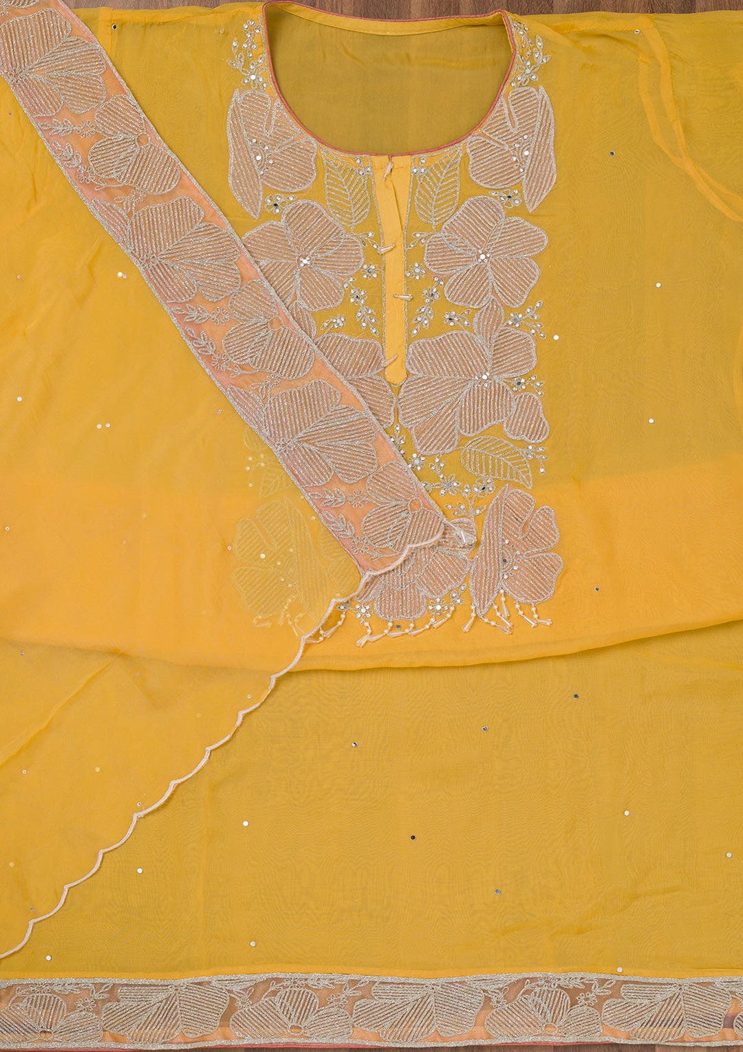 Mustard Zariwork Semi Crepe Unstitched Salwar Suit-Koskii