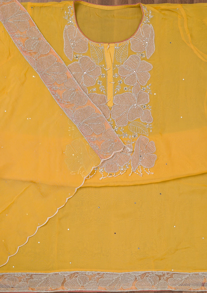 Mustard Zariwork Semi Crepe Unstitched Salwar Suit-Koskii