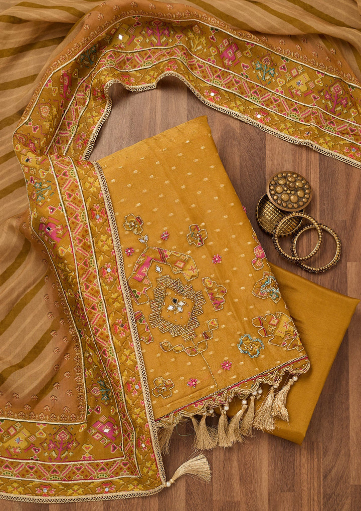 Mustard Zariwork Semi Crepe Unstitched Salwar Suit-Koskii