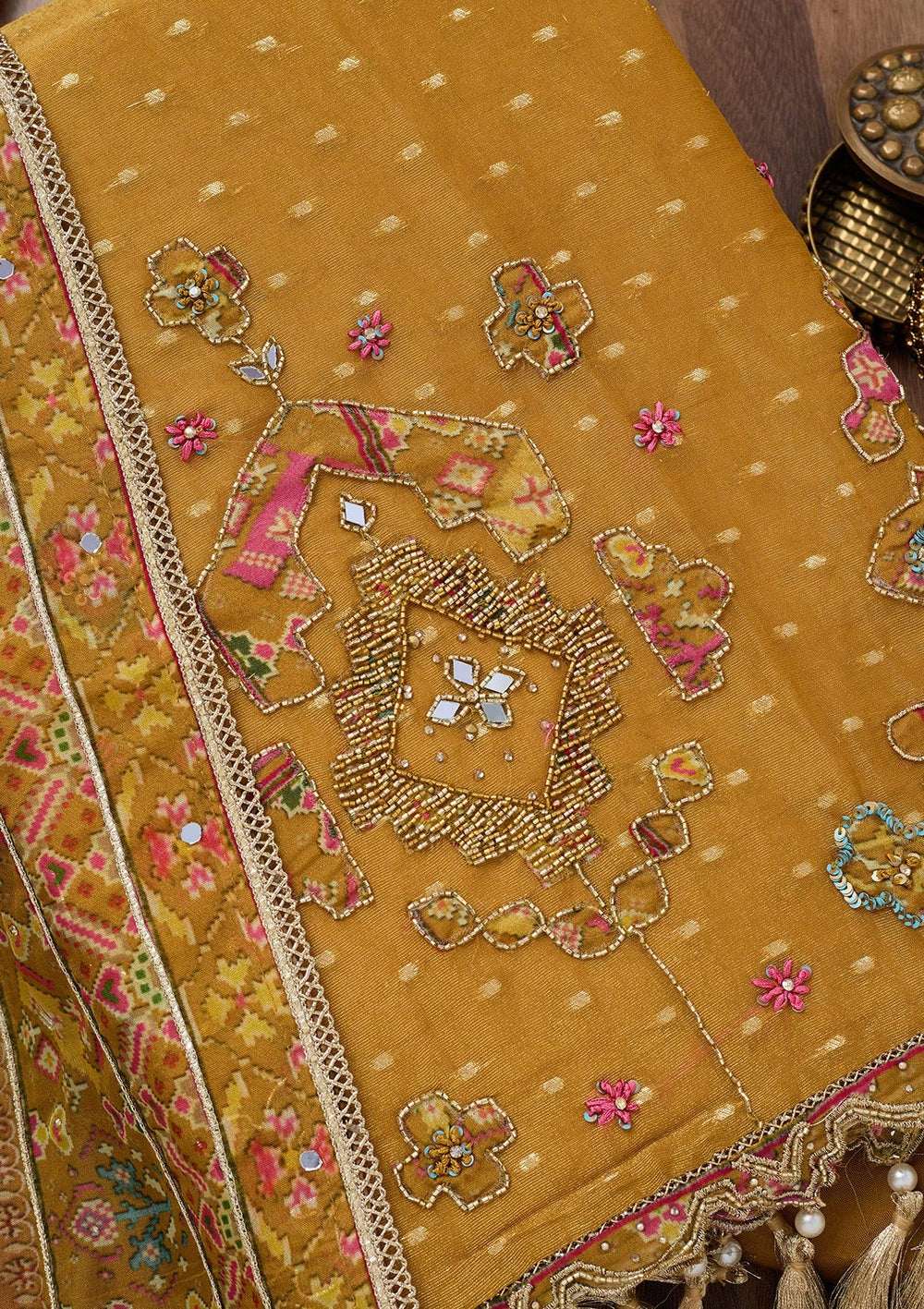 Mustard Zariwork Semi Crepe Unstitched Salwar Suit-Koskii