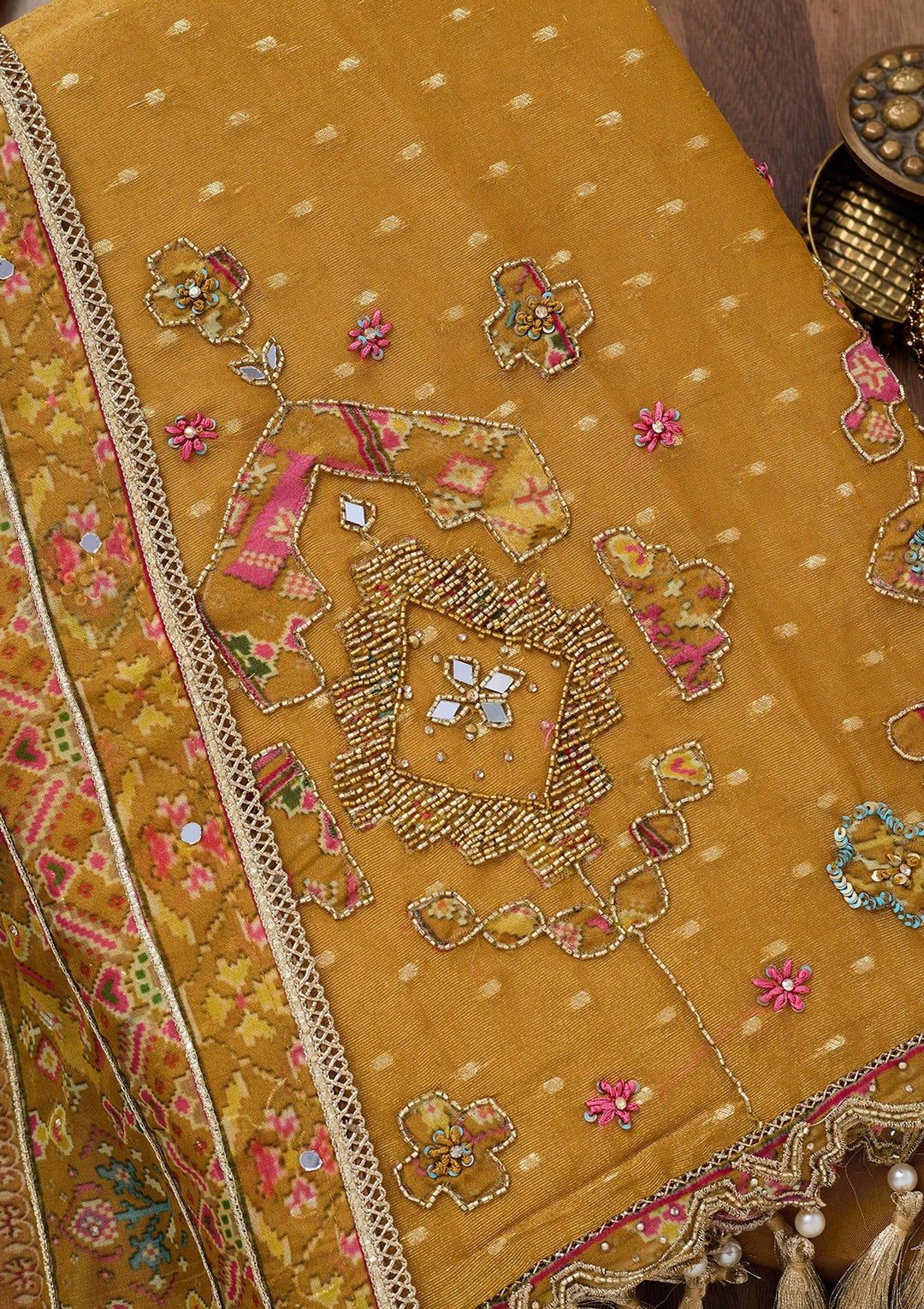 Mustard Zariwork Semi Crepe Unstitched Salwar Suit-Koskii