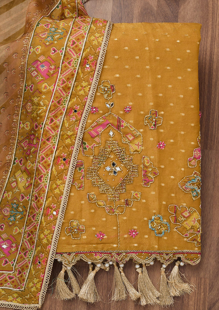 Mustard Zariwork Semi Crepe Unstitched Salwar Suit-Koskii