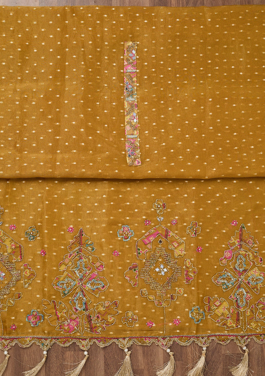 Mustard Zariwork Semi Crepe Unstitched Salwar Suit-Koskii