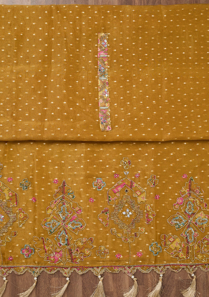 Mustard Zariwork Semi Crepe Unstitched Salwar Suit-Koskii