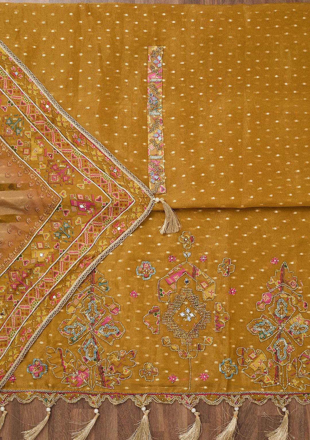 Mustard Zariwork Semi Crepe Unstitched Salwar Suit-Koskii