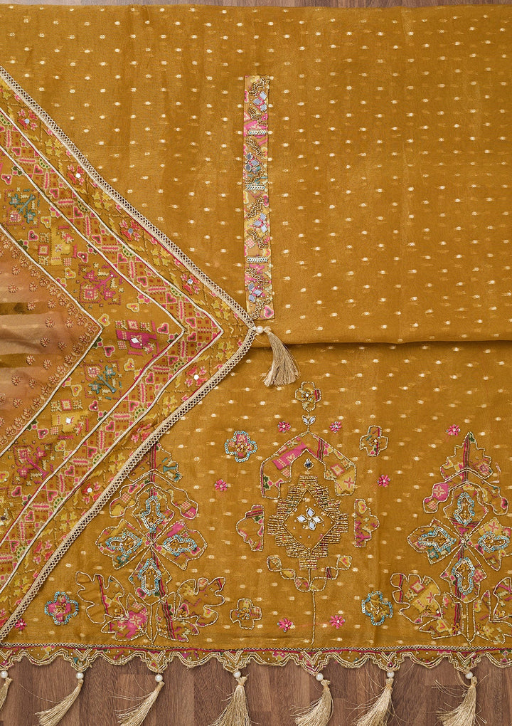 Mustard Zariwork Semi Crepe Unstitched Salwar Suit-Koskii