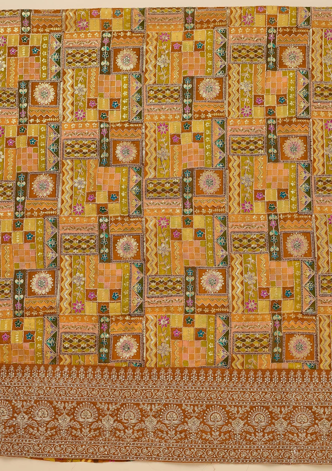 Mustard Zariwork Semi Crepe Unstitched Salwar Suit-Koskii