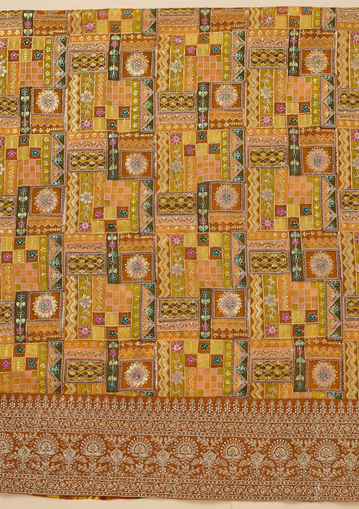 Mustard Zariwork Semi Crepe Unstitched Salwar Suit-Koskii