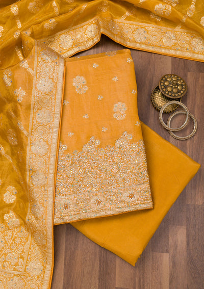 Mustard Zariwork Semi Crepe Unstitched Salwar Suit-Koskii