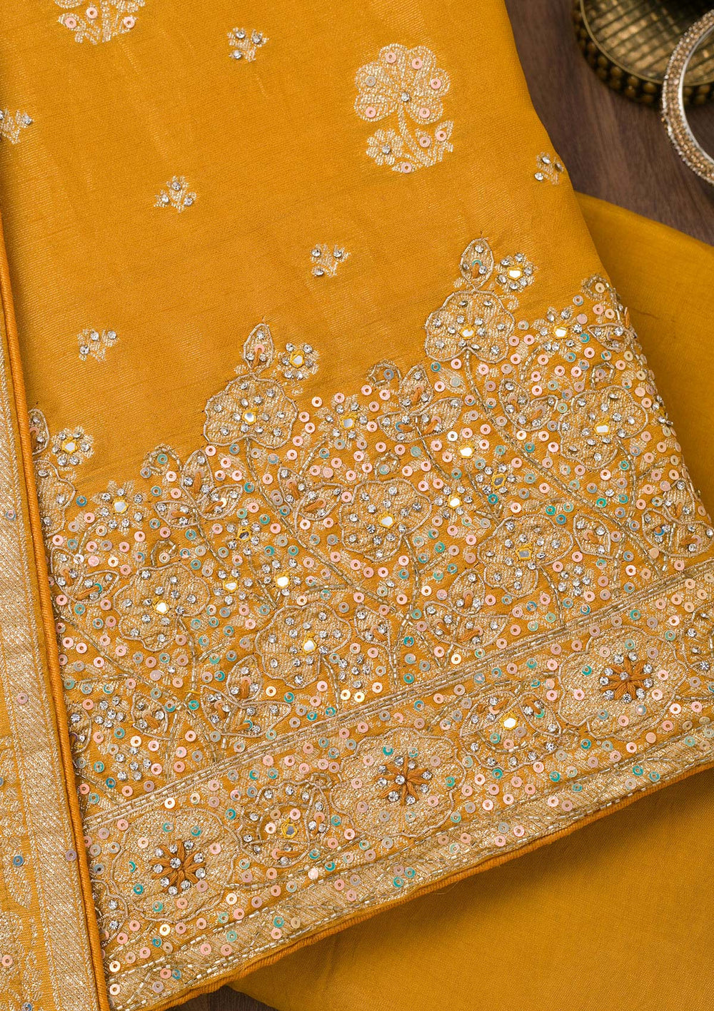 Mustard Zariwork Semi Crepe Unstitched Salwar Suit-Koskii