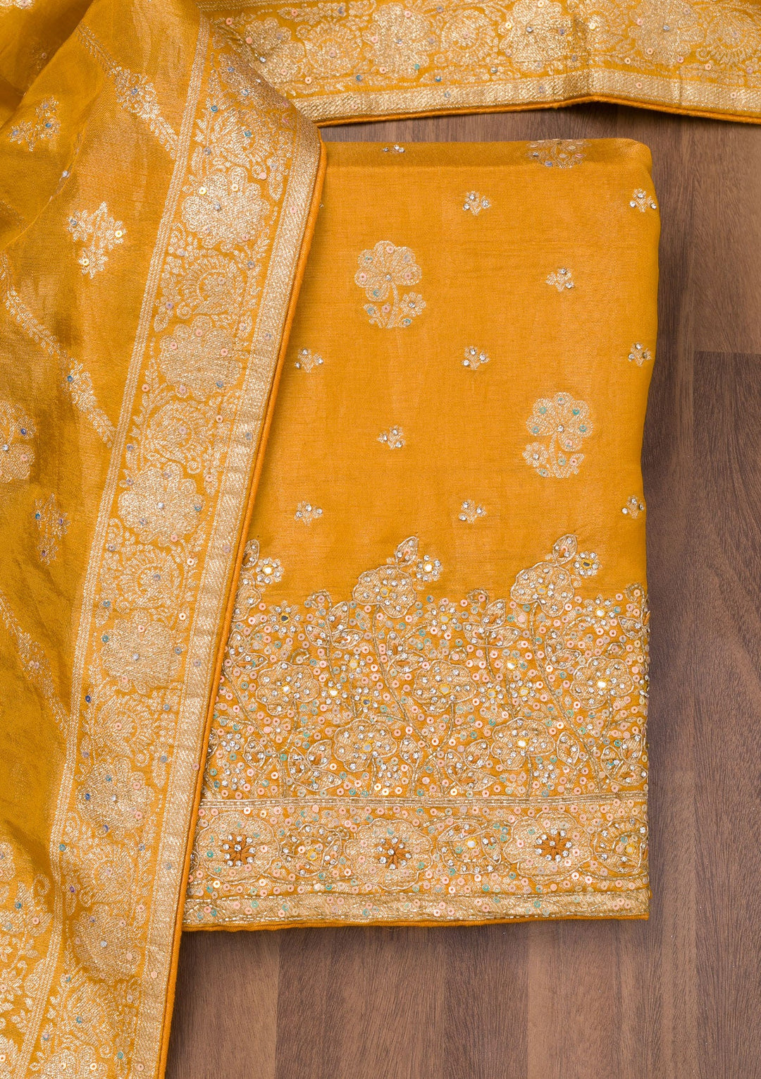 Mustard Zariwork Semi Crepe Unstitched Salwar Suit-Koskii