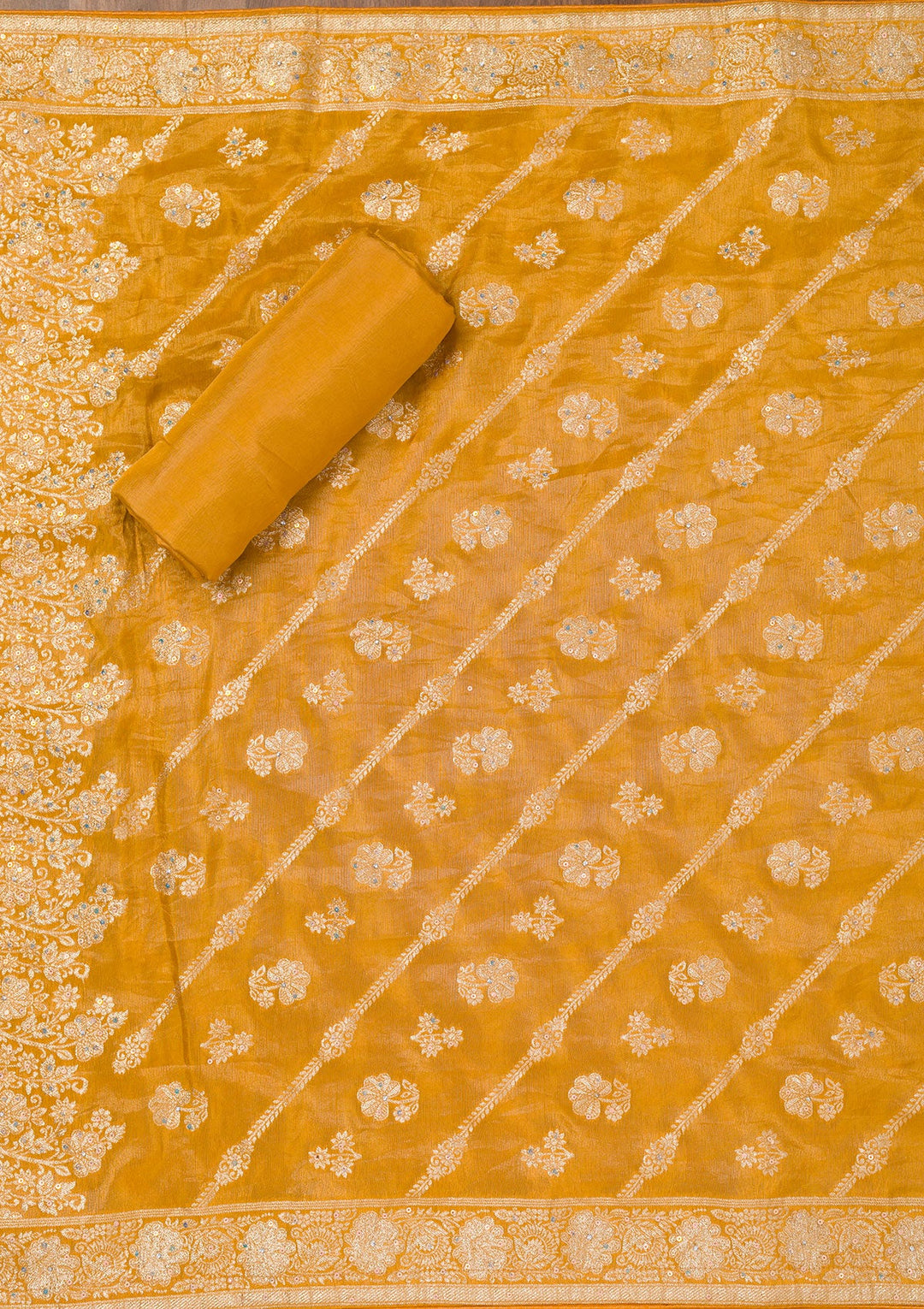 Mustard Zariwork Semi Crepe Unstitched Salwar Suit-Koskii