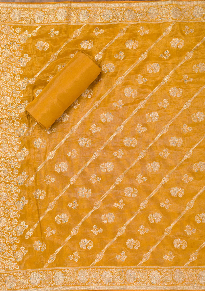 Mustard Zariwork Semi Crepe Unstitched Salwar Suit-Koskii